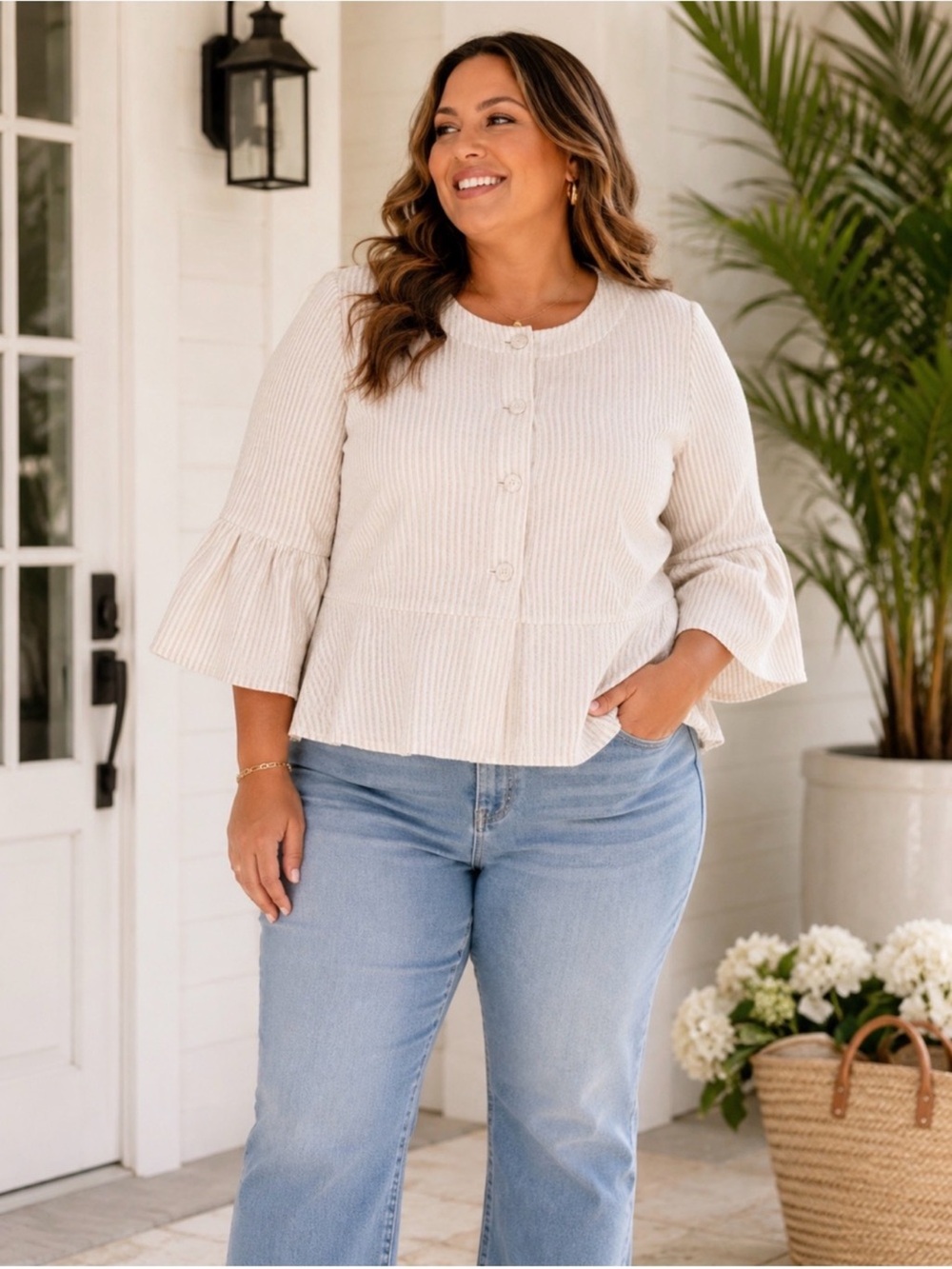 Sandro Cream Pinstripe Seersucker Peplum Bell Sleeve Jacket 3X